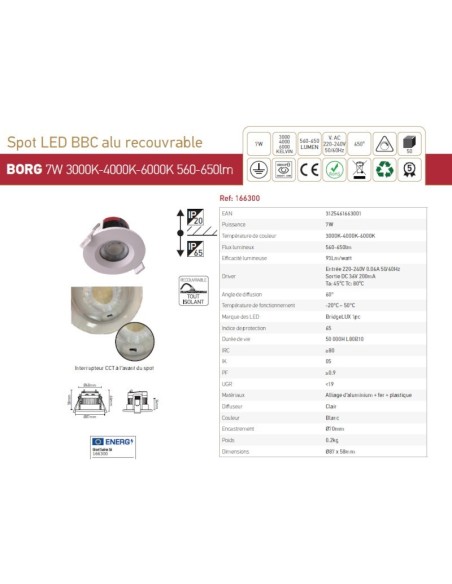 Spot Led Borg Girard Sudron BBC faible hauteur dessin technique fiche produit