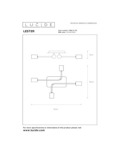 Lester IV de Lucide - plafonnier métal noir - dessin technique