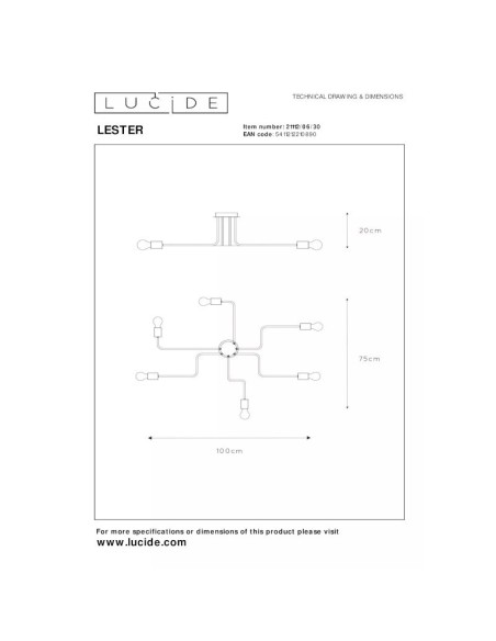 Plafonnier métal noir 6 x E27 Lester de Lucide - dessin technique