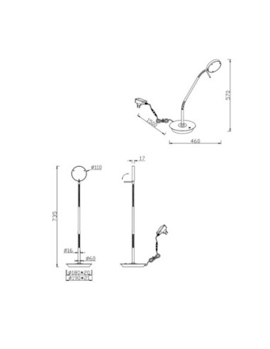 Lampe de bureau Led articulée noire - Trio - Monza - dessin technique