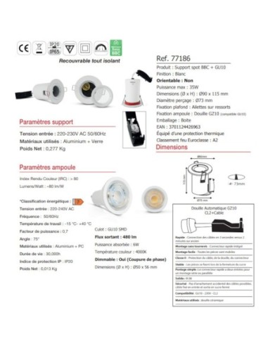 Support spot BBC RT2012 + ampoule GU10 Miidex dessin technique dimensions