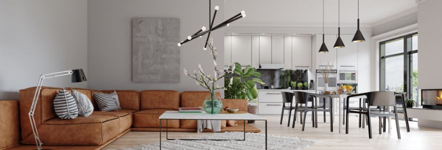Espace cuisine et salon int&eacute;rieur de maison avec luminaires LED style moderne (lampadaire, plafonnier, suspension)